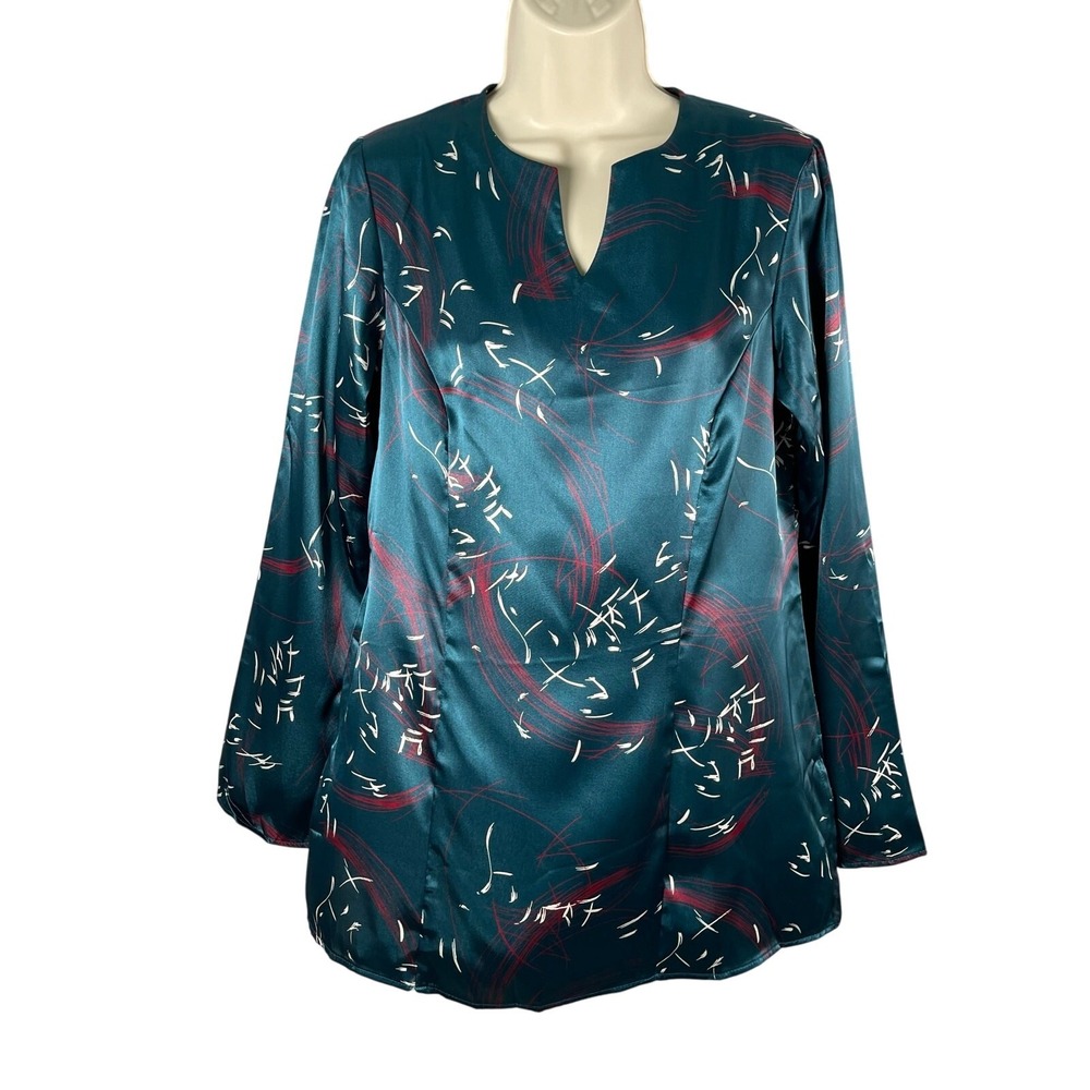 Shape Shopping by‎ Catherine Schuller Blouse Womens Small Green Print Satin